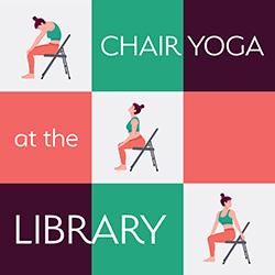 Illustration of a seated woman doing 3 different chair yoga poses in green, peach, and maroon.