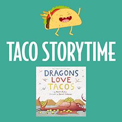 a cartoon taco and the book cover for Dragons Love Tacos