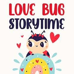a cartoon ladybug, hearts, and a pastel rainbow