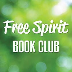 "Free Spirit Book Club" on a green background with bokeh effects.
