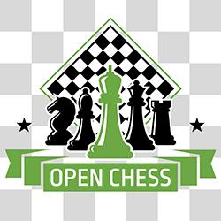 Stylized chess pieces with "OPEN CHESS" text on a green ribbon.