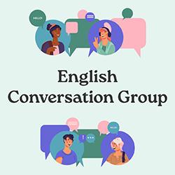 "English Conversation Group" text with diverse illustrated people with speech bubbles.