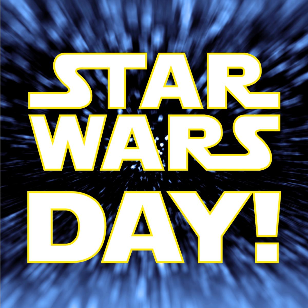 Star Wars Day text in white over a hyper speed space background.